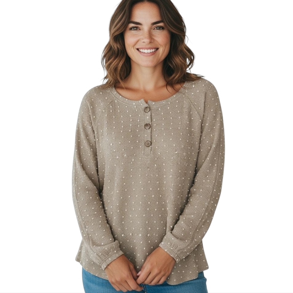 Perch by Blu Pepper Womens Knit Swiss Dot 3-Button Top Long Sleeve 1XL Tan I bin